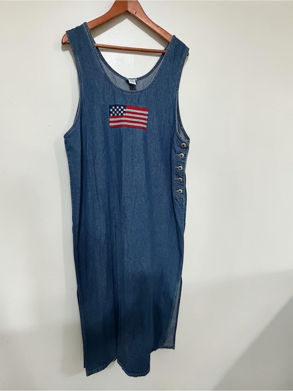 ⁠VTG 90s Carolina Blues Denim USA Flag Cross Stitch Jumper Dress Plus Size 16W⁠